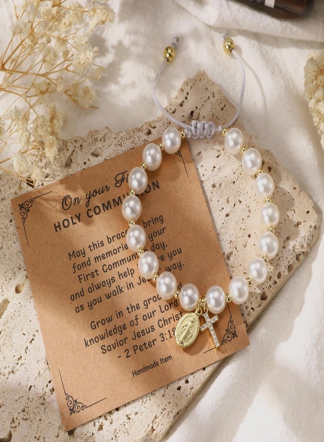 GINAZL First Communion Gifts, Virgin Mary Pearl Bracelet 14K Gold Plated Charm Bracelets for Women Rope Adjustable Tiny Cute Cross Bracelet First Holy Communion Gifts (FPB) - Image 2